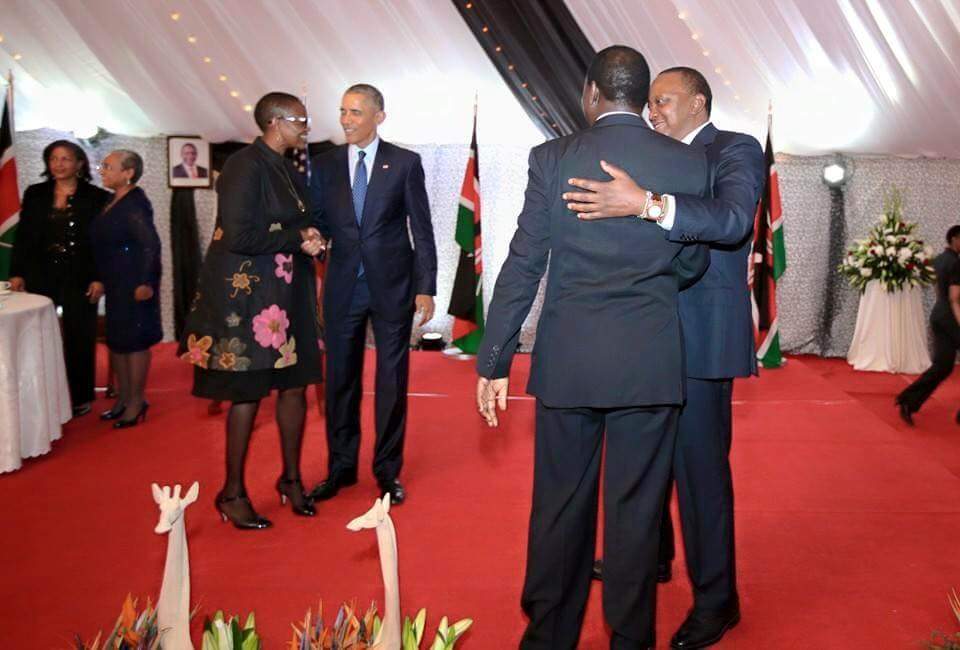 On the left is Green Belt Movement Board Chair Wanjira Mathai and President Obama at the State Banquet hosted by President Uhuru Kenyatta at State House Nairobi. On the right, President Kenyatta with a guest at the event.