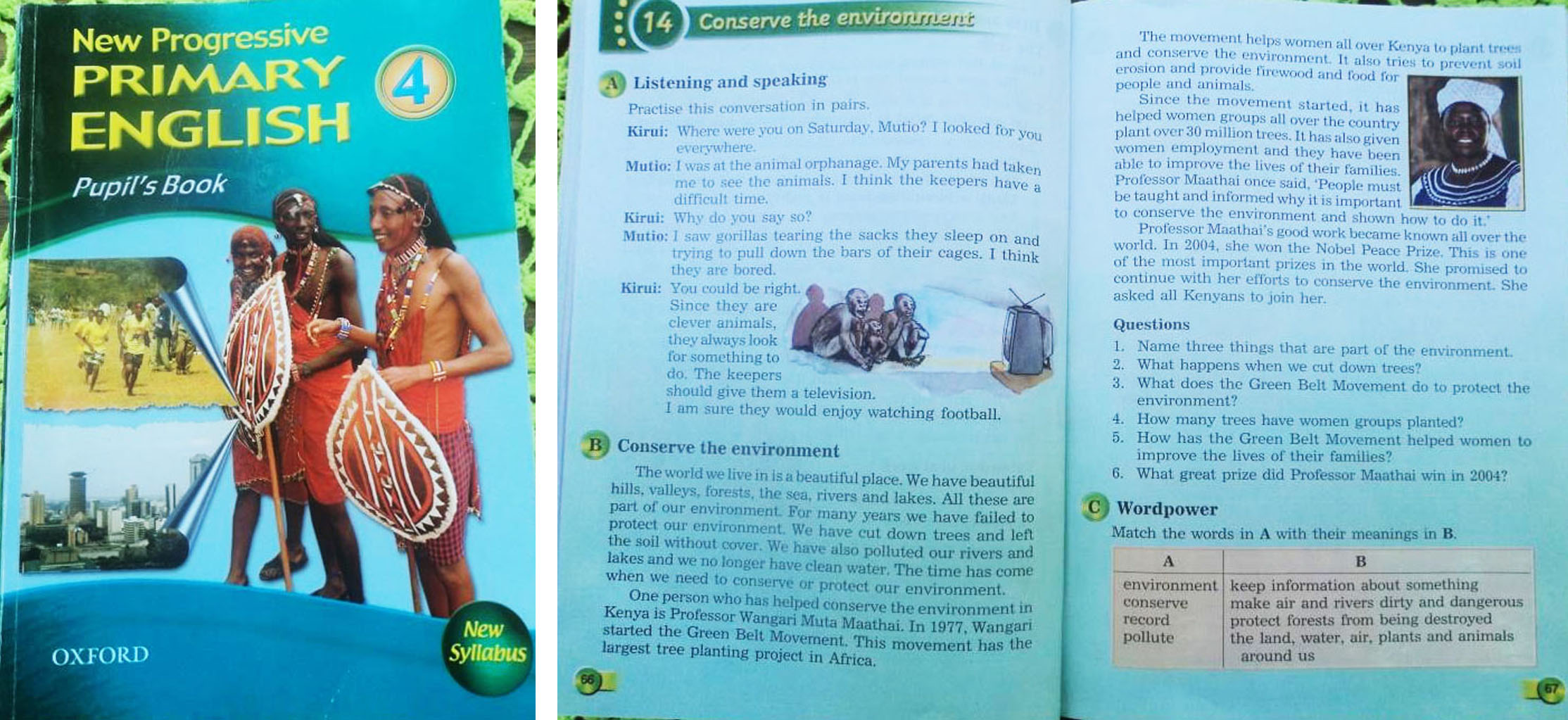 Left: The School Text book from which pupils learn about Environmental Conservation, Right: inside the book where the notes and assignment was drawn from.