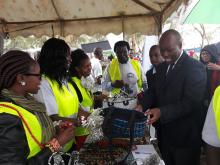 Nakuru Governor H.E Lee Kinyanjui at the GBM stand where he learnt about the products made from recycled plastic waste