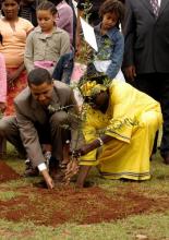 August, 2006, in Nairobi, Kenya: Then Sen. Barack Obama plants a tree with 2004 Nobel Peace Prize winner Wangari Maathai.