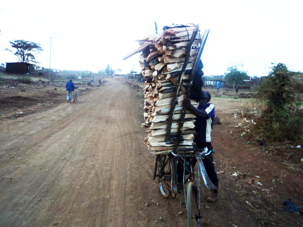 A man ferrying firewood for sale with his bicycle